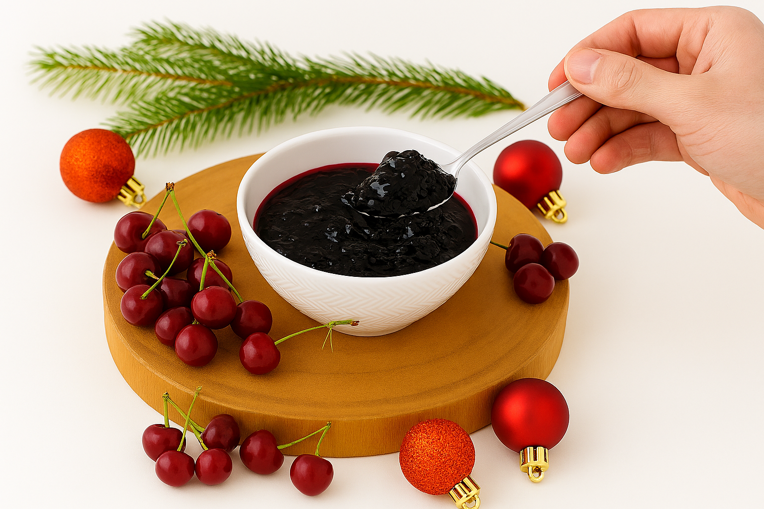 tigela com variegato de amarena com pedaços da fruta sendo servida com colher, em uma base de madeira decorada com galhos de pinheiro, cerejas frescas e bolas natalinas